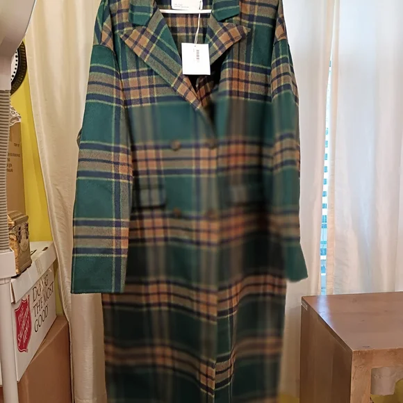 OAK + FORT Green and Brown Plaid Pea Coat - Picture 2 of 6